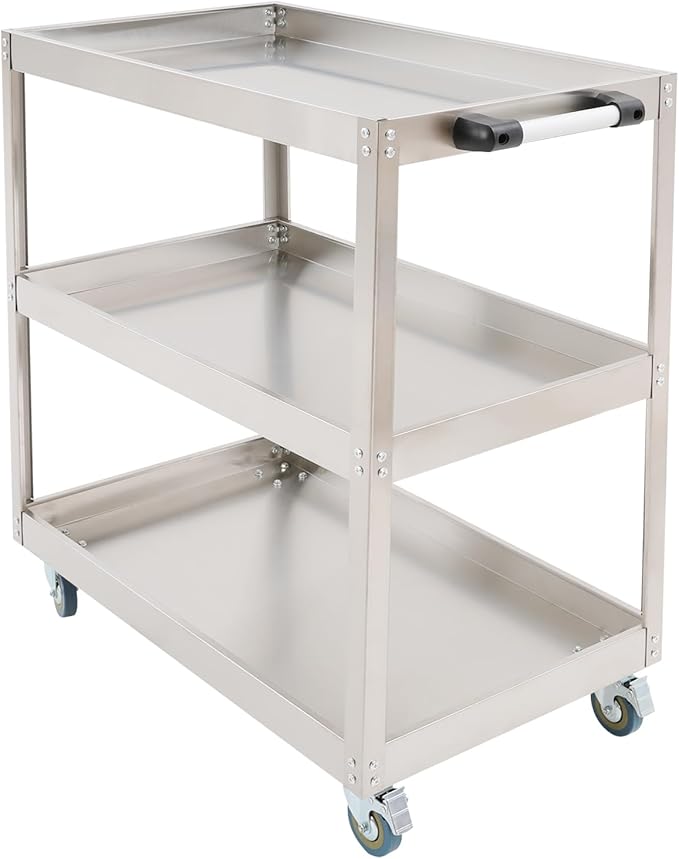 3-Tier Stainless Steel Utility Cart, 440lb Load-Bearing Heavy Duty Service Cart with 4 Locking Wheels, for Kitchen, Garage, Commercial Use