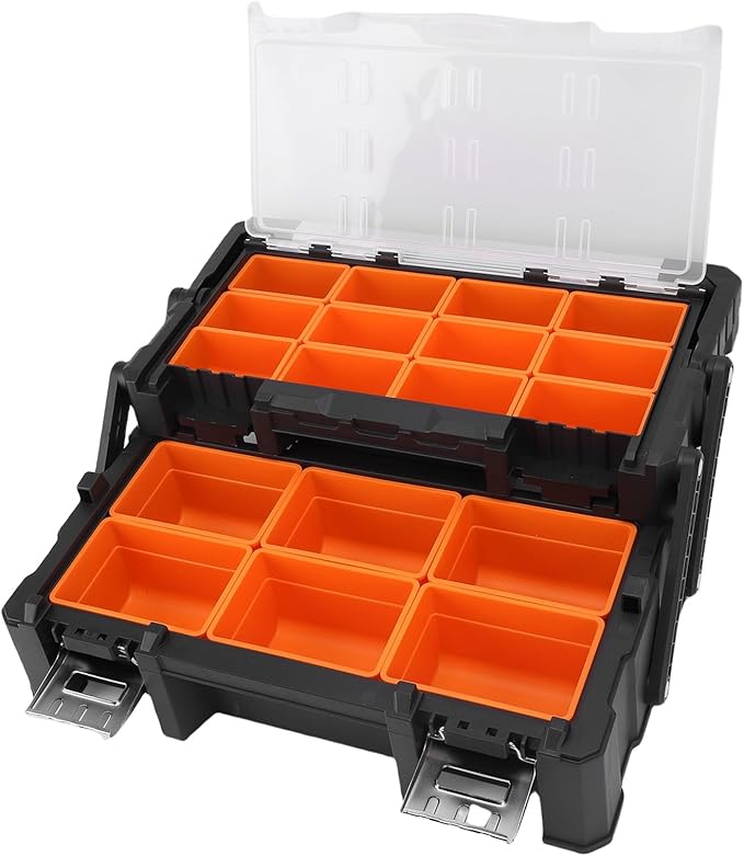 WALFRONT Electronic Tool Box Small Parts Organizer, 18 Compartment Dual Layer PP Aluminum Alloy Storage for Garage and Outdoor Tasks