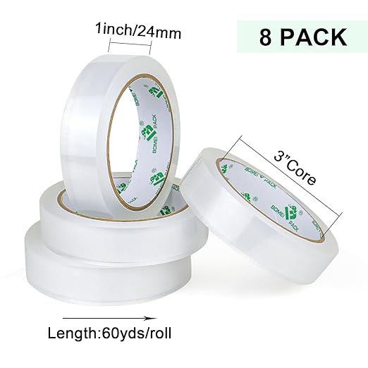 BOMEI PACK 8Rolls Clear Tape Refills for Dispenser, 1 inch x 60yds, Transparent Gift Wrap Tape 3inch Core for Home, Office