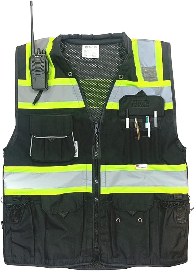 Black Safety Vest, XX-Large, Men's Professional Surveyors Vest with Zipper and Utility Pockets