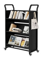 3-Tier Metal Rolling Book Cart, 4 Lockable Wheels & Side Hooks, V-Shaped Heavy Duty Library Cart, 360 Lb Capacity, Bookshelf Organizer for Home, Office, School, Study, Black, 32"x14"x49"