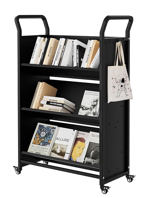 3-Tier Metal Rolling Book Cart, 4 Lockable Wheels & Side Hooks, V-Shaped Heavy Duty Library Cart, 360 Lb Capacity, Bookshelf Organizer for Home, Office, School, Study, Black, 32"x14"x49"