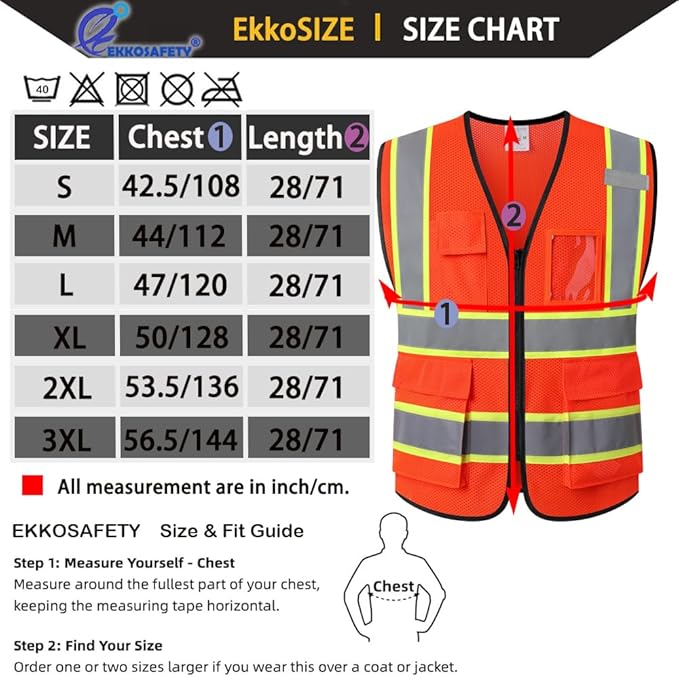 Safety Vest for Men Women Reflective with 5 Pockets and Zipper Front Mesh High Visibility Vest Hi Vis Construction Work Vest,Meets ANSI/ISEA Standards(EK175-Orange-XL)