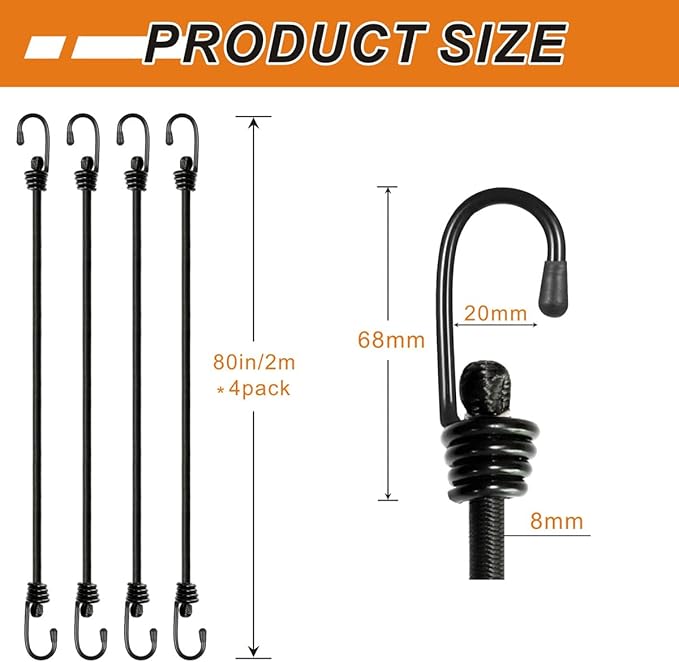 Bungee Cords with Hooks 2m Long, Heavy Duty Outdoor Elastic Bungee Straps, No Odour Industrial Grade Bungee Rope for Securing Tarps, Luggage, Tents, Bikes or Garden Tidying 80inch 4Pcs (Black)