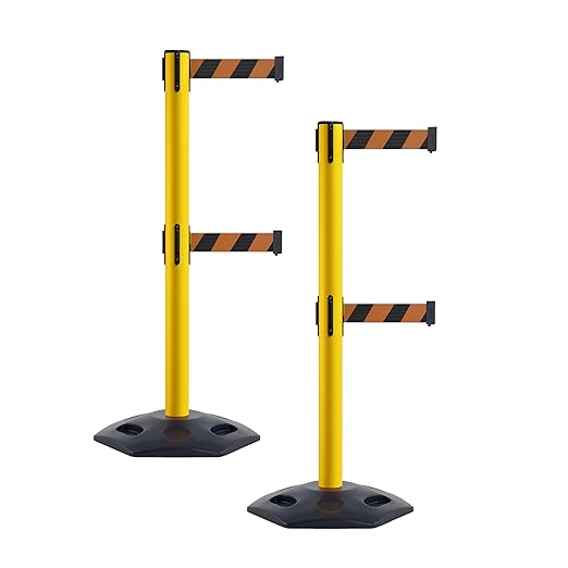 CCW Series WBB-200D - Set of 2 Retractable Dual Belt Stanchion Safety Barrier, Heavy-Duty Rubber Base Yellow Post (11 Foot Belt, Black and Orange Diagonal Belt)