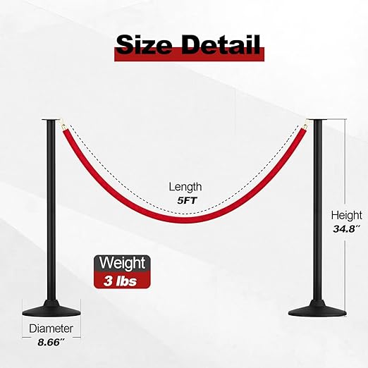 RoadHero Plastic Stanchion Post, Red Carpet Ropes and Poles with Weighted Base, Velvet Rope Barrier for Crowd Control, Party and Movie Theater, 2 PCS