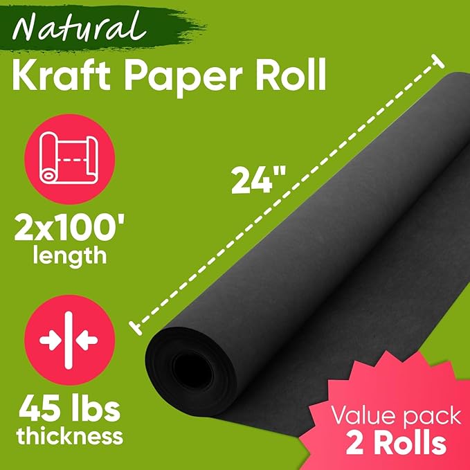 24" x 1200" (100 ft) Black Paper Roll Value Pack, 45 lbs Thickness, Made in USA Colored Kraft Paper for School, Bulletin Board - Odorless, Non-Toxic, Safe for Kids
