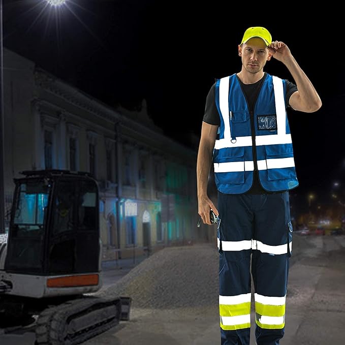 A-SAFETY Big and tall Blue high vis Reflective Work Ves 7 Pockets,4XL-5XL