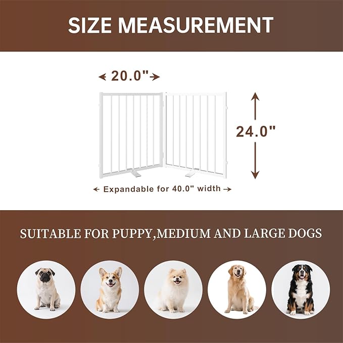 2 Panels Full Metal Freestanding Dog Gates, 40” W x 24” H Folding Pet Gate Fence with Support Feet for Indoor,Stairs, Hallways and Doorways(White)