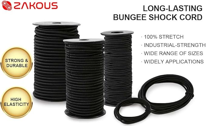 Strong and Durable Bungee Cord - 1/4" x 25ft Elastic Cord, Kayak Stretch String Rope, Bungee Shock Cords for Repairing Tent Poles, DIY, Tie Downs, Black