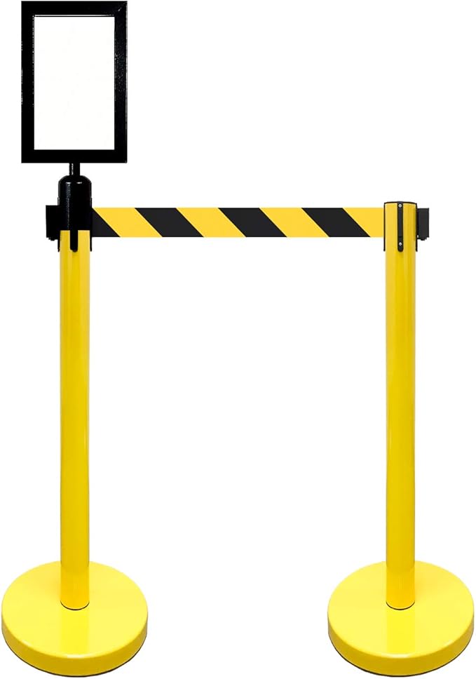 Retractable Stanchion, 6 SPECIALTY Posts + Signframe, 36" Ht, 78" Special Event & Holiday Theme Belt + Bonus Replacement Cassettes + Wall Receiver (YEL Post/Blk&Yel Belt)