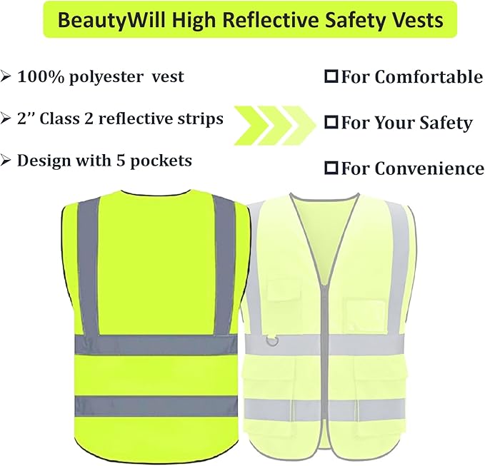 BeautyWill Safety Vest 10 Pack Customize Logo Class 2 High Visibility Reflective Vest with 5 Pockets Construction Security Work Vest ANSI/ISEA Standards