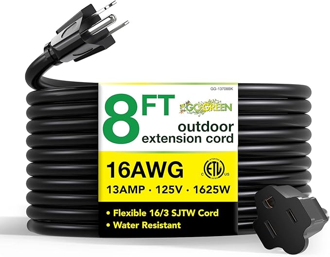 Go Green Power Inc. (GG-13708BK) 16/3 SJTW Outdoor Extension Cord, Black, 8 ft
