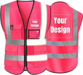 YOWESHOP High Visibility Safety Vest Custom Your Logo Protective Workwear 5 Pockets With Reflective Strips Outdoor Work Vest (Pink (M))