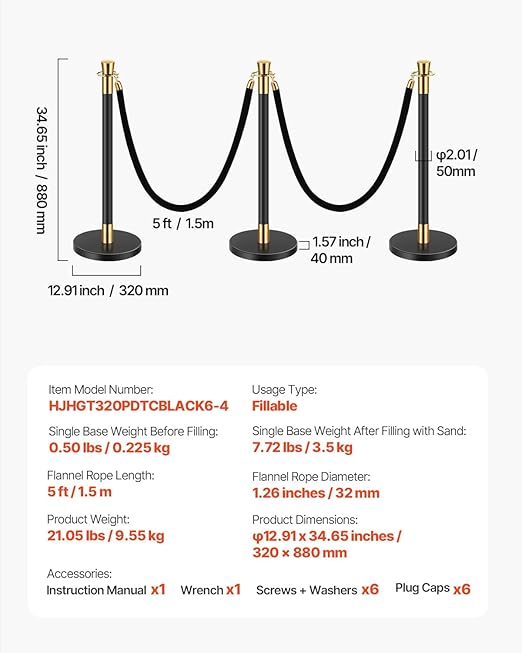 VEVOR Stanchions and Velvet Ropes, 6 Pcs Crowd Control Barriers with 4 Black Velvet Ropes, Stainless Steel Stanchion Post Queue with Sand Injection Hollow Base for Theater, Wedding, Party Supplies