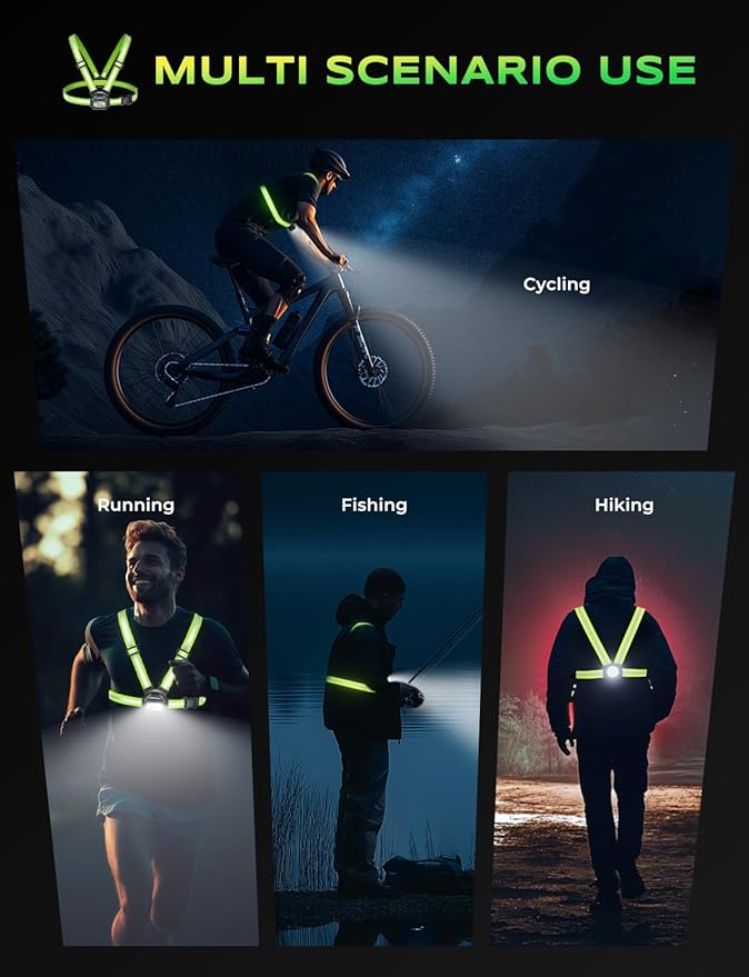 500LM High-Visibility Running Lights for Runners, Adjustable 45° Beam & 360° Reflective Vest, IPX4 Waterproof Running Vest Light for Night Walking/Cycling/Jogging, 3.5-20Hrs Runtime