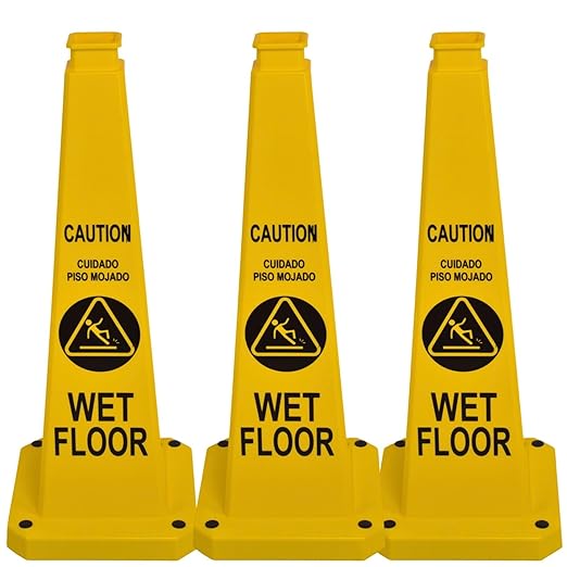 BESEA Caution Wet Floor Sign 3 Pack, 28" Heavy Duty Safety Cone with Weighted Base, Yellow 4-Sided Bilingual Warning Sign, Non-Slip Floor Safety Cone for Restaurants, Stores, Schools, Hotels