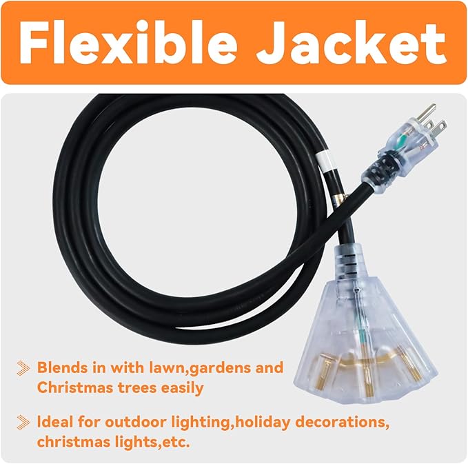 EP 12 Ft 12 Gauge Heavy Duty Extension Cord, 15A 125V 1875W, 3 Outlet Indoor/Outdoor Power Cord with Lighted End, 12/3 SJTW Weatherproof Black, UL Listed