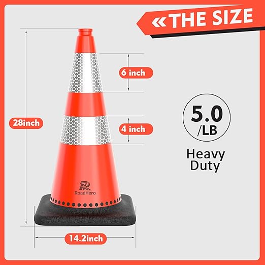 RoadHero 12 Pack Traffic Safety Cones 28 Inch, PVC Cone with Black Weighted Base, Orange Cones with Reflective Collars for Parking Lot, Road Safety, Construction Events