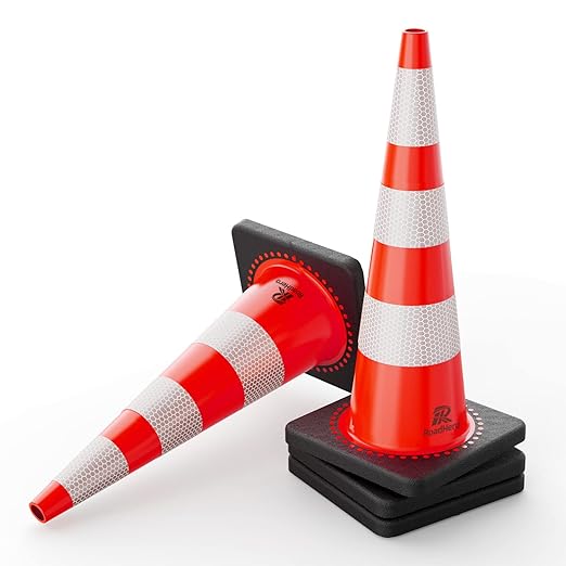 RoadHero 4 Pack Traffic Safety Cones 36 Inch with Black Weighted Base, Plastic PVC Cone, Orange Cones with Reflective Collar, Cones for Parking Lot, Construction Events, Road Safety