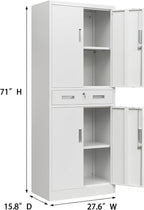 BESFUR 71" H Metal Storage Cabinet with 1 Lockable Drawer and 2 Lockable Doors, Garage Storage Cabinet with 2 Adjustable Shelves, Locking Cabinet for Garage, Office, School - White