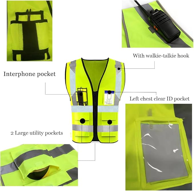YOWESHOP High Reflective Visibility Safety Vest with Pockets and Zipper Custom Your Logo Safety Workwear