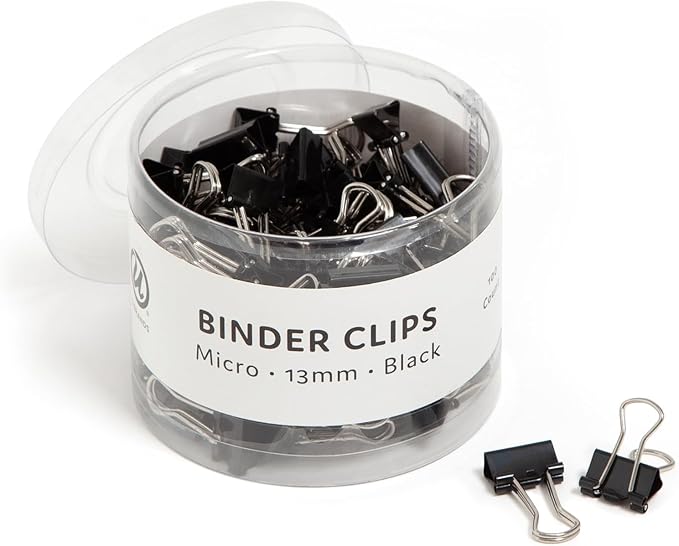 U Brands Binder Clips, Micro 1/2-Inch Width, 1/5-Inch Paper Holding Capacity, Black and Silver Steel, 100-Count - 650U08-24