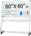 Rolling Magnetic Glass Whiteboard Standing - Large Portable Wheels Dry Erase White Board Stand with Strong Magnets, Ideal for Office, Home and Classroom(40'' X 60'')
