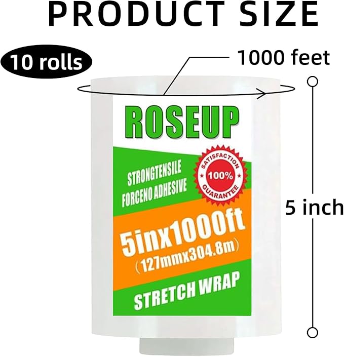 ROSEUP Clear Stretch Wrap Film 5" x 1000ft Roll, 80 Gauge Thick Cling Plastic Wrap for Moving, Pallet Wrap, Self Adhering Packaging Heavy Duty Shrink Film, 10 Pack