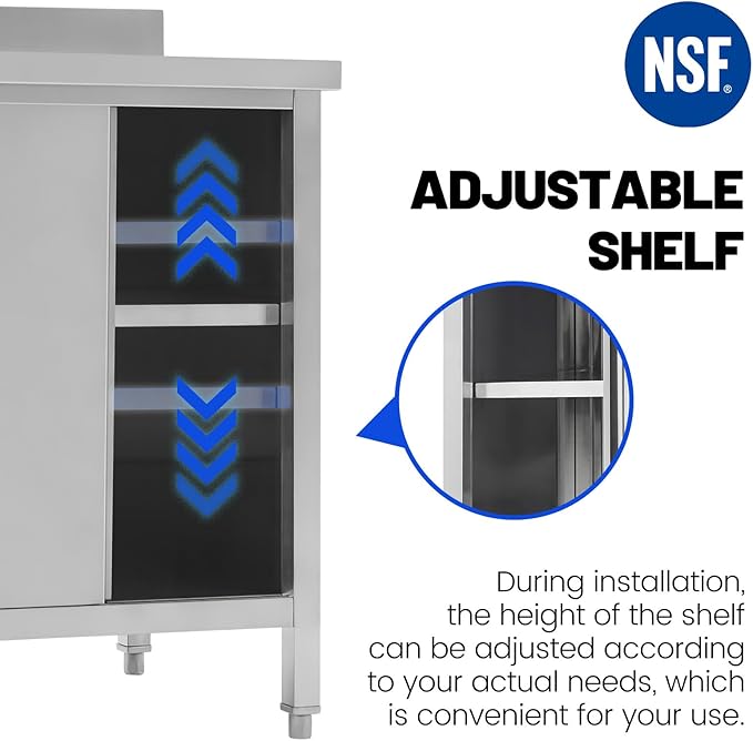 Hally Stainless Steel Cabinet, 30" x 60" NSF Commercial Heavy Duty Prep Workbench with Backsplash and Two Sliding Doors, Large Storage Cabinet, Metal Table for Kitchen, Restaurant, Garage