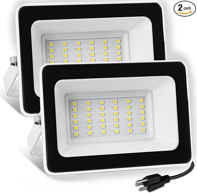 UFOND 3000 Lumen LED Flood Lights, Outdoor Waterproof Security Lights, 30W Floodlight with Plug, Adjustable Heads (2 Pack)