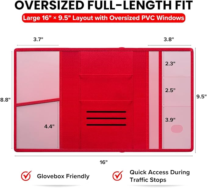 LINTRU Car Registration and Insurance Holder Trifold, Oversized Fit with Reinforced Construction, Matte PU Leather Vehicle Glove Box Organizer for Documents, Car Accessories for Men and Women