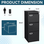 MIIIKO 3 Drawer File Cabinet, Black Metal Vertical Filing Cabinet with Lock, Home Office File Folders Storage Cabinet for Letter Legal A4 File Size