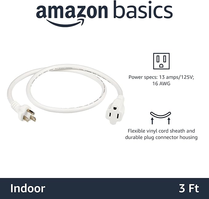 Amazon Basics Extension Cord, 3 Ft, 3 Prong Outlet Extender, Indoor Extension Cord, 13 Amps, 125V, White