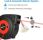 DEWENWILS Retractable Extension Cord Reel, 50FT Power Cord Reel with 14AWG/3C SJTOW, 13A Circuit Breaker, Wall/Ceiling Mounted, 3-Lighted Triple Outlets for Garage, Workshop, UL Listed, Red