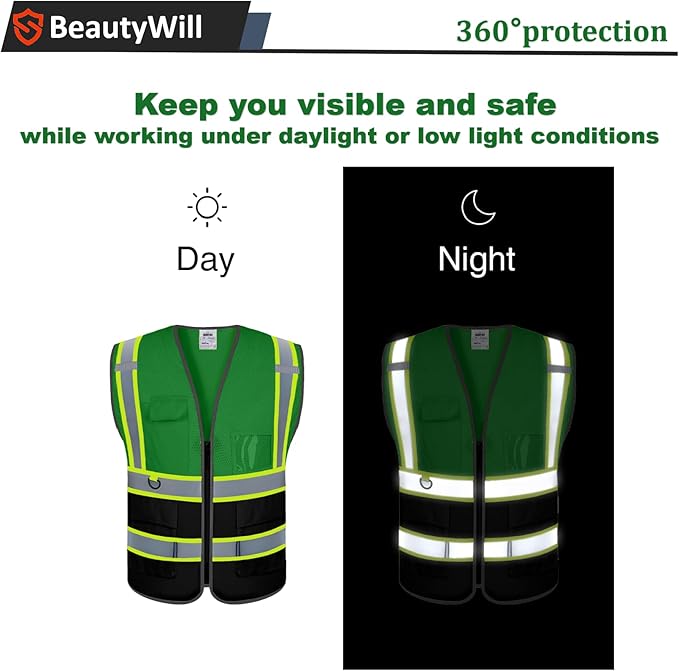 5 Pack Custom Safety Vest Customized Logo Mesh Vest Class 2 High Visibility Reflective Vest with Pockets Workwear（Green Black，XXL ）