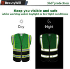 5 Pack Custom Safety Vest Customized Logo Mesh Vest Class 2 High Visibility Reflective Vest with Pockets Workwear（Green Black，M ）