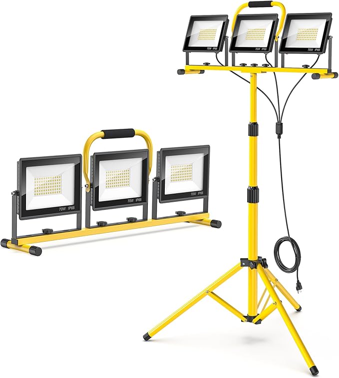LED Work Lights with Stand: 3 Head Adjustable Work Light with Individual Switch, IP66 Waterproof Foldable Outdoor Tripod Light for Job Site Construction Lighting, Tool Gifts for Men