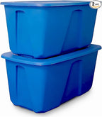HOMZ 2-Pack Durable Molded Bin, Plastic Storage Containers with Lids, 32 Gallon, Blue - Stackable Organizer Totes and Boxes for Bedroom, Kitchen, and Garage Organization