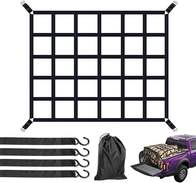 Cargo Net for Pickup Truck Bed, Heavy Duty 1100 lbs Capacity, Adjustable Cam Buckles & S-Hooks, Thick Herringbone Nylon, with Drawstring Storage Bag for Trailers and Trucks (50" x 42")