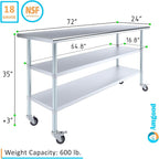 AmGood Stainless Steel Work Table with 2 Shelves and Casters | Metal Utility Table On Wheels (Stainless Steel Work Table with 2 Shelves + Casters, 72" Long x 24" Deep)