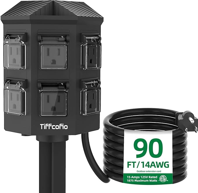 TiFFCOFiO Outdoor Power Strip with Stake Waterproof, 90 FT Extension Cord, 6 Grounded Outlets for Outdoor Lights, 14 AWG, 15A/1875W, ETL Listed