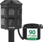 TiFFCOFiO Outdoor Power Strip with Stake Waterproof, 90 FT Extension Cord, 6 Grounded Outlets for Outdoor Lights, 14 AWG, 15A/1875W, ETL Listed