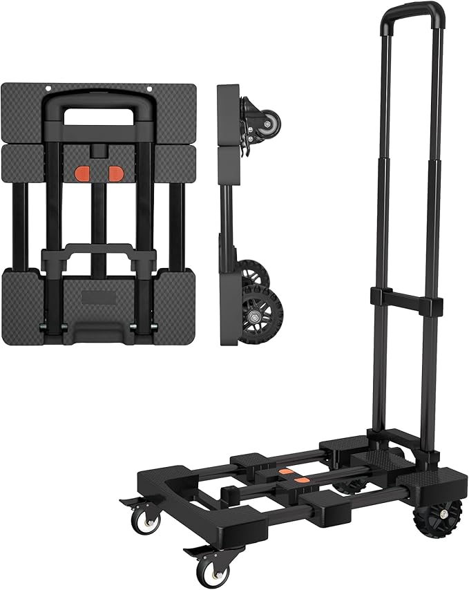 Heavy-Duty 500LB Capacity Hand Truck with One-Touch Retractable Handle & Extendable Plate, Portable Collapsible Dolly Cart with 4 Wheels w/Brakes Folding Luggage Cart for Travel/Home Use, Black