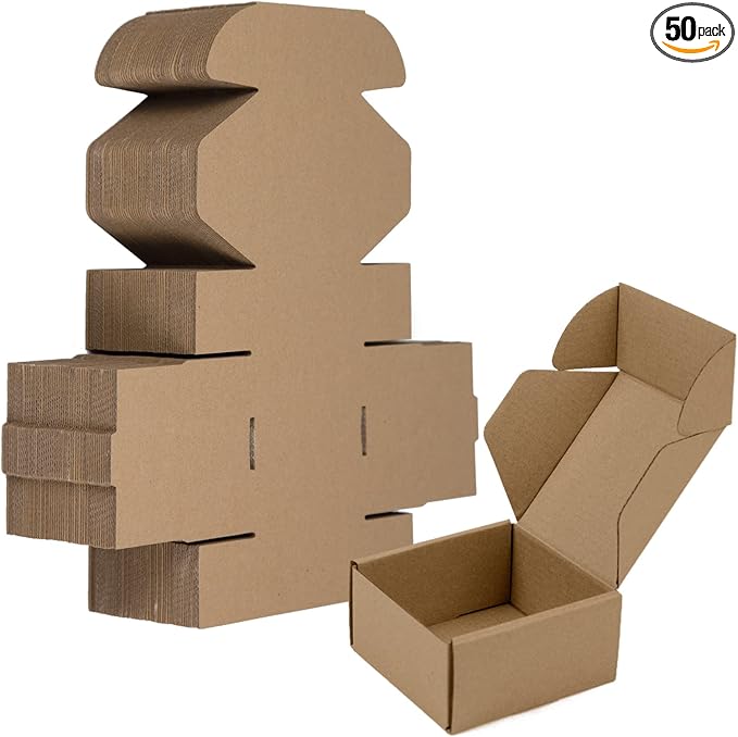 50 Pack 4x4x2 Inches Small Shipping Boxes, Brown Corrugated Cardboard Boxes, Moving Mailing Packing Box