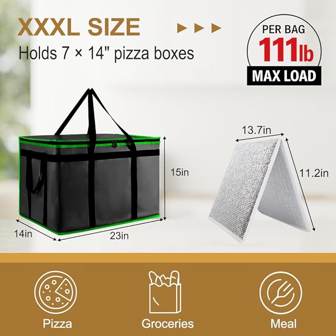 mosago Insulated Food Delivery Bag - Reusable Thermal Cooler Grocery Bags for Catering & Delivery, Pizza Carrier for Events, Large Capacity Bag Keeps Food Hot/Cold (Black with Green Trim, with Base)