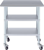 AmGood Stainless Steel Work Table with 2 Shelves and Casters | Metal Utility Table On Wheels (Stainless Steel Work Table with 2 Shelves + Casters, 36" Long x 18" Deep)