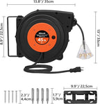 Retractable Extension Cord Reel, 45 FT Heavy Duty Power Cord, 12AWG/3C SJTOW, 3 Grounded Outlets Lighted Triple Tap, 15 Amp Circuit Breaker, UL Listed, Orange B45CR06