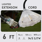EP 6 Ft Lighted Outdoor Extension Cord with 3 Electrical Power Outlets - 14/3 SJTW Heavy Duty Black Extension Cable with 3 Prong Grounded Plug - Power Cord for Lawn, Garden, Appliances