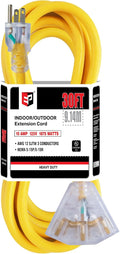 EP 30 Ft 12 Gauge Heavy Duty Extension Cord, 15A 125V 1875W, 3 Outlet Indoor/Outdoor Power Cord with Lighted End, 12/3 SJTW Weatherproof Yellow, UL Listed